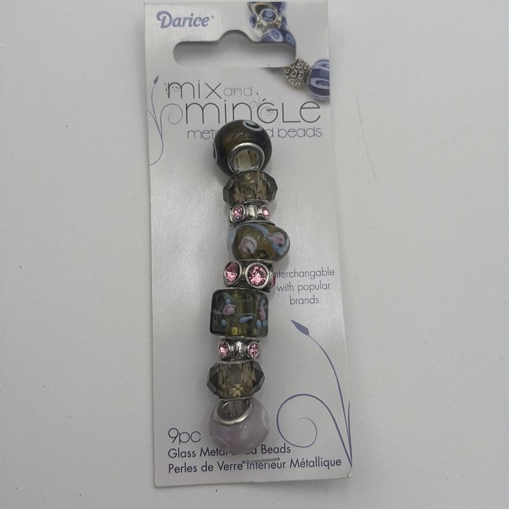 9 pc Darice° Mix & Mingle Glass metal lined beads Mauve Green AJM-1999-2750